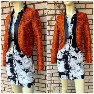 Metallic Lamé Boucle Open Front Cropped Blazer Jacket Vegan Leather Collar XS
